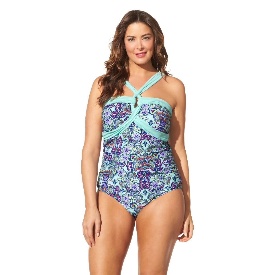 Womens Plus Size V Neck One Piece Swimsuit   Mint Green/Multicolor 20W