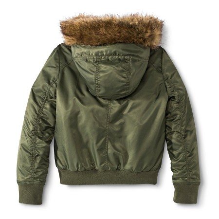 Girls&39 Bomber Jacket with Faux Fur Hood - Olive 10/12 : Target