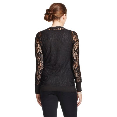 Maternity Long Sleeve Crew with Banded Bottom Lace Top Black S - Ma Cherie, Women's