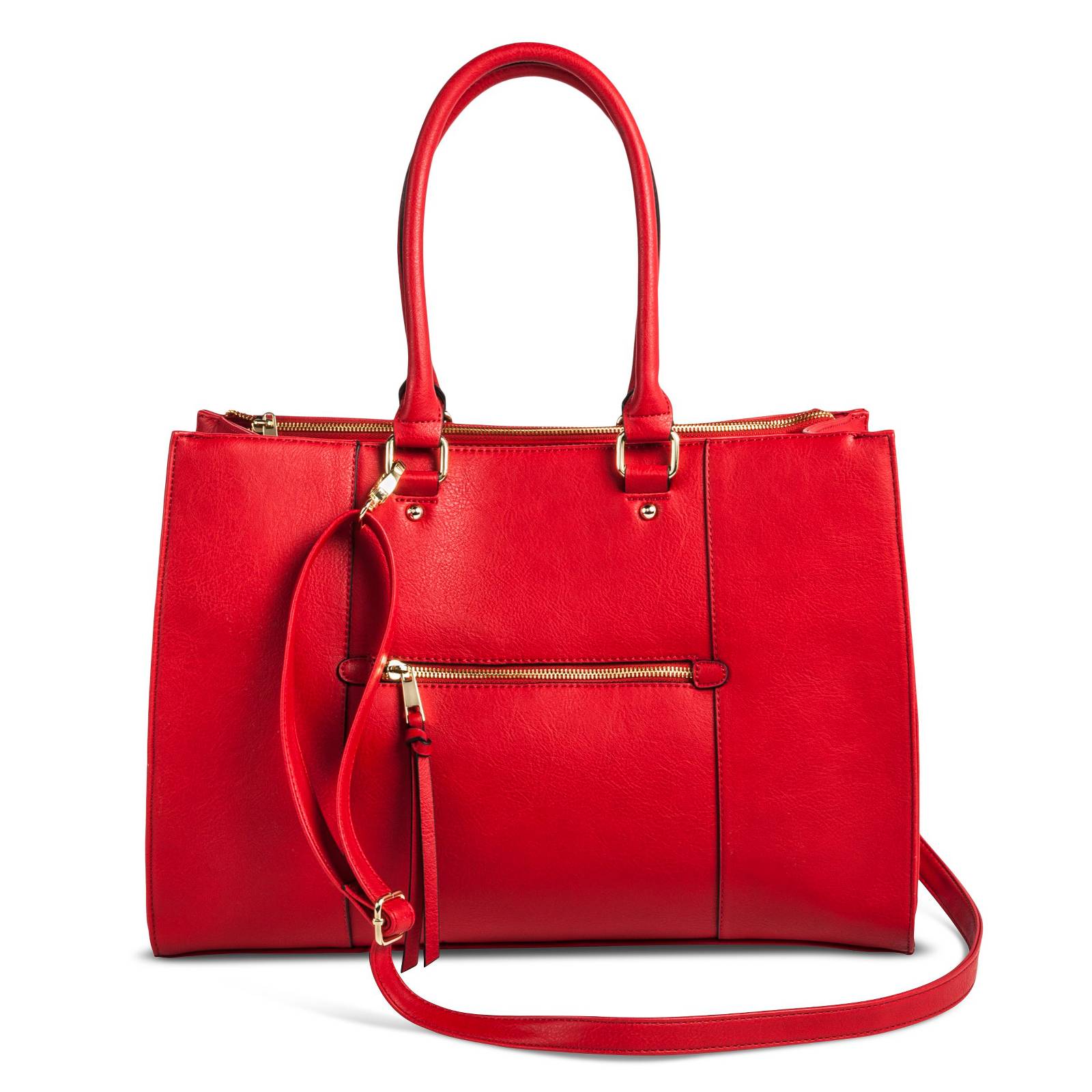 Women&#39;s Tote Faux Leather Handbag with Zip Front Pocket Red - Merona