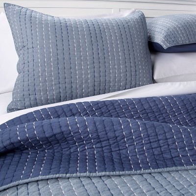 Pick Stitch Quilt Set (King) Navy&Chambray 3pc - The Industrial Shop