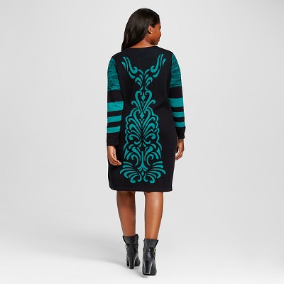Women's Plus Size Jacquard Sweater Dress - Notations, Size: 3XL, Green
