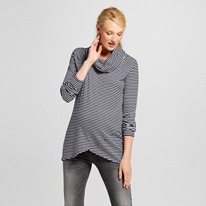 Maternity Long Sleeve Cowl Neck Strip Tulip Bottom Top Navy (Blue)/White XL - MaCherie, Women
