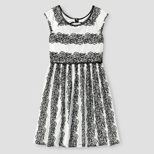 Girls' Floral Print Skater Dress - Black/ White 10, Girl's, Ivory Cumin