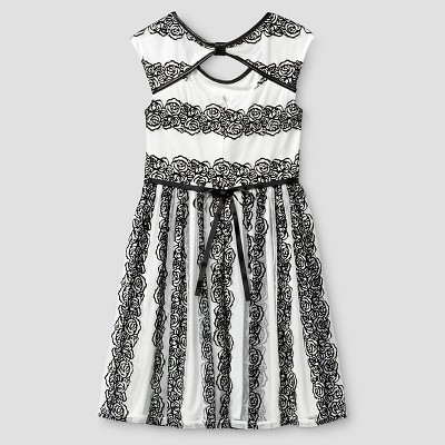Girls' Floral Print Skater Dress - Black/ White 10, Girl's, Ivory Cumin