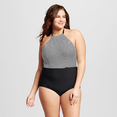 Women's Plus Size Stripe High Neck One Piece Swimsuit Black Sea Angel