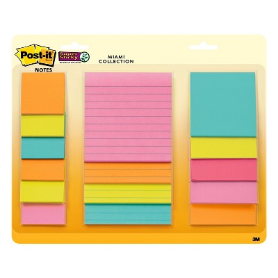 Post-it 15ct Super Sticky Notes Pack Energy Boost Collection: Multicolor, 45 Sheets, College Rule, Art &#38; Design Theme