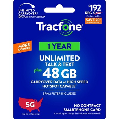 Tracfone Unlimited Talk And Text 1 Year 48gb Data Smartphone Card