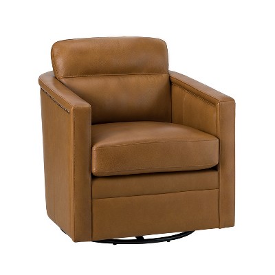 Eulalia Wooden Upholstery Wide Genuine Leather Swivel Chair With