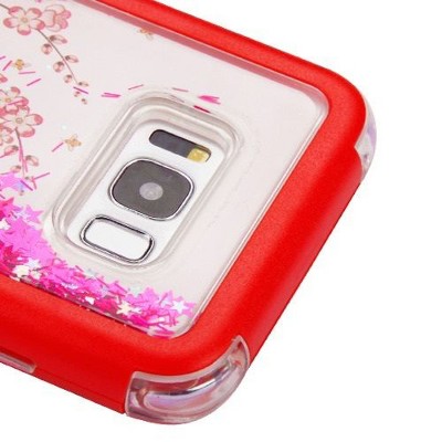 MyBat Quicksand Glitter Flowers Hybrid Hard Plastic/Soft TPU Rubber Case For Samsung Galaxy S8 Plus S8+ - Red/Hot Pink