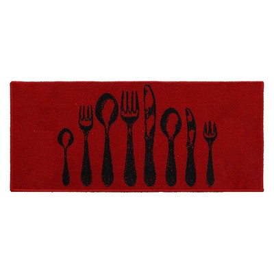 Evideco French Home Goods Chic Cutlery Print Kitchen Runner Rug Red