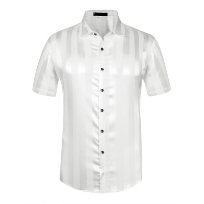 Lars Amadeus Men S Point Collar Button Short Sleeve Striped Satin Dress