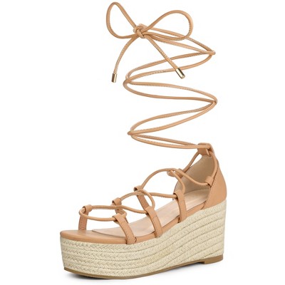 Perphy Women S Strappy Lace Up Platform Wedge Heel Sandals Nude 7 5