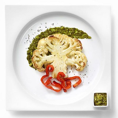 Cauliflower Steaks With Red Peppers & Pesto