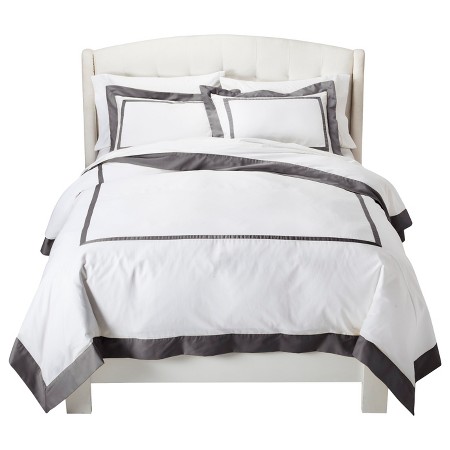 New Fieldcrest Luxury Hotel Border Duvet Set White Gray Full