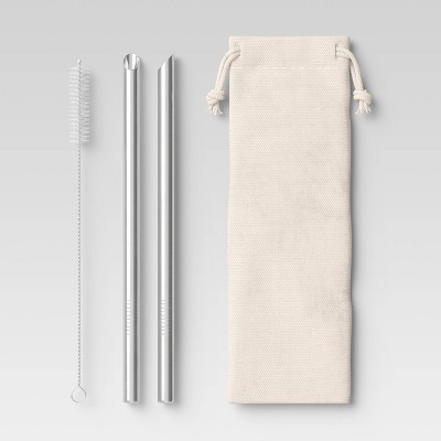 2pk Stainless Steel Smoothie Straws with Brush &#38; Linen Bag - Room Essentials&#8482;
