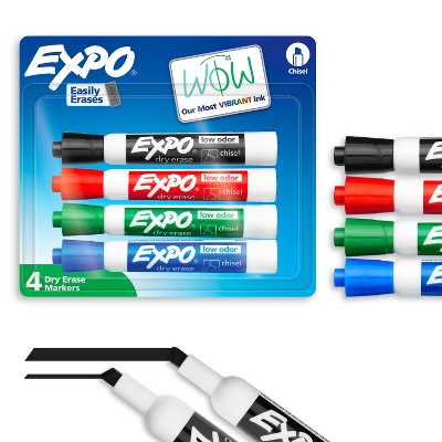 Expo 4pk Dry Erase Markers Chisel Tip Multicolored: Low-Odor Whiteboard Markers, Bold &#38; Fine Point, Erasable, Ages 3+