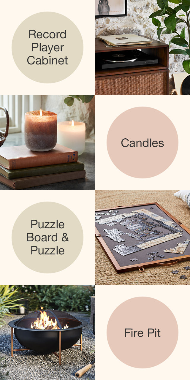 Record Player Cabinet. Candles. Puzzle Board & Puzzle. Fire Pit.