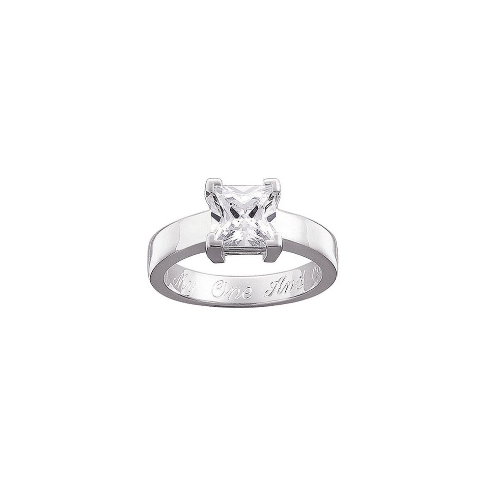 Sterling Silver Cubic Zirconia Personalized Square Engraved Engagement Ring   10