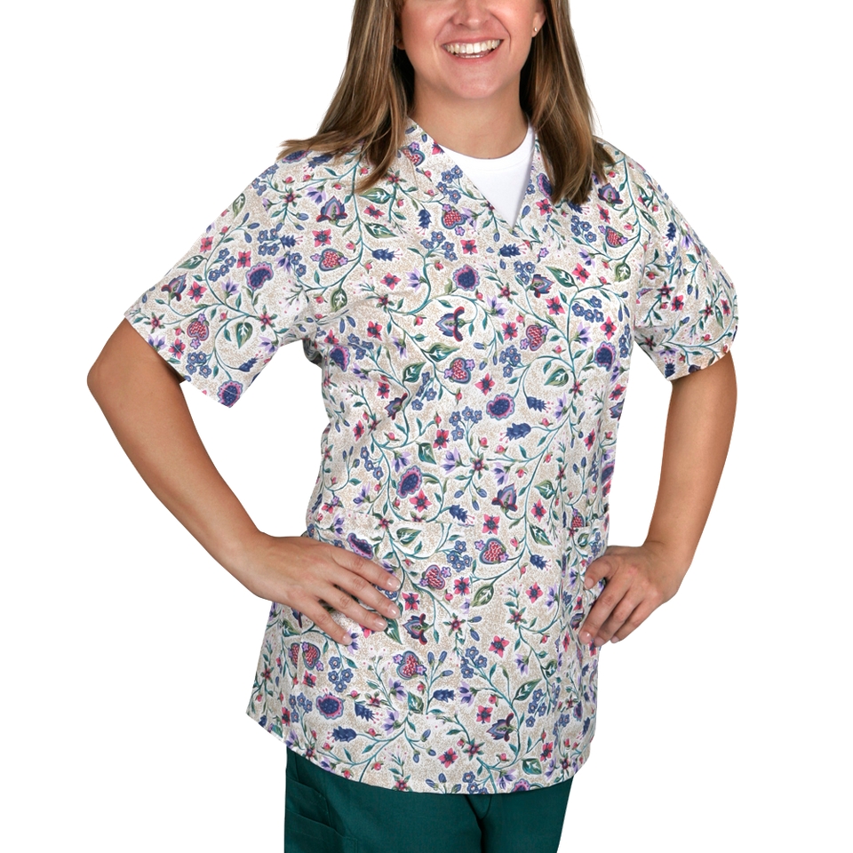 Medline Ladies V Neck Scrub Top with Two Pockets   Provencal Print (Medium)