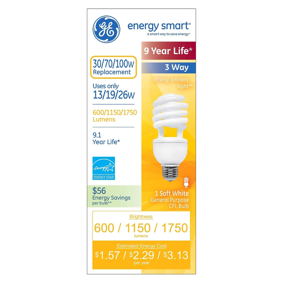 GE Energy Smart 13 /19 /26 Watt 3 Way Long Life Soft White CFL Light Bulb
