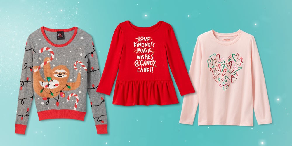 Kids' Sloth with Lights Ugly Pullover Sweater - Gray XS, Toddler Girls' Holiday Long Sleeve Top & Striped Leggings Set - Cat & Jack™ Red 3T, Girls' 'Christmas Candy Cane Heart' Long Sleeve Graphic T-Shirt - Cat & Jack™ Powder Pink XXL