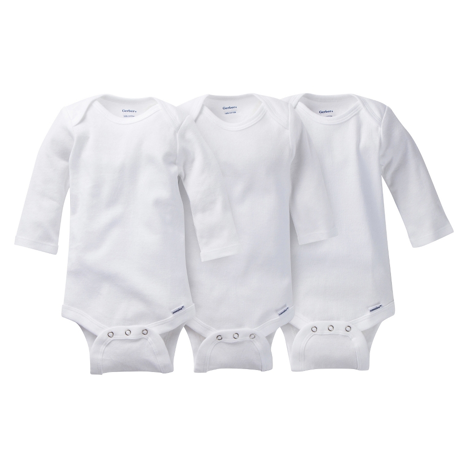 Gerber Onesies Newborn 3 Pack Long Sleeve   White 3 6M