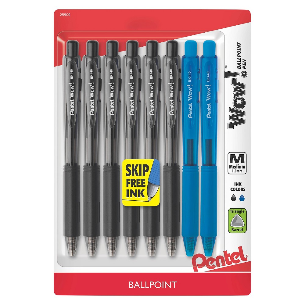 Pentel Wow! Retractable Ballpoint Pens, 1mm, 8ct - Black/Blue