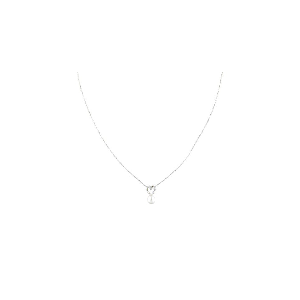 Sterling Silver Freshwater Pearl Cubic Zirconia Heart Drop Necklace  