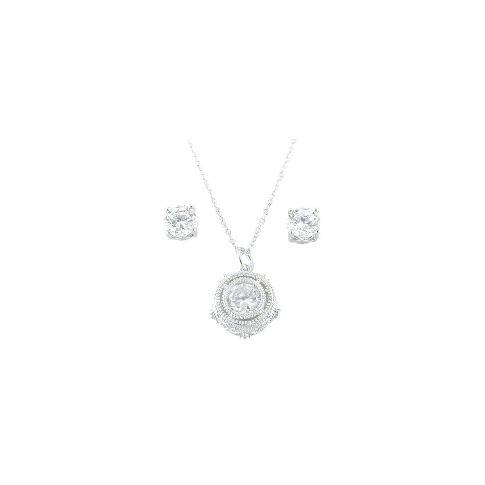 Sterling Silver Cubic Zirconia Filigree Solitaire Necklace And Stud Earrings  