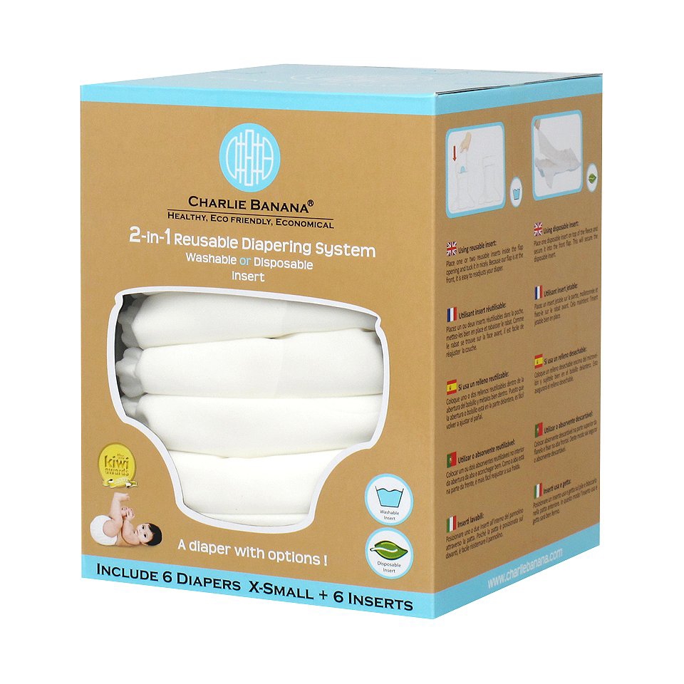 Charlie Banana Reusable Diaper 6 pack Size XS   White