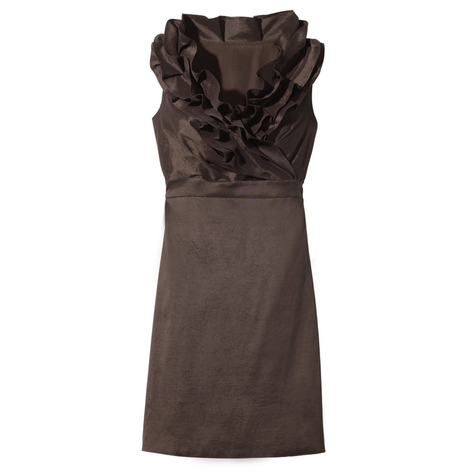 Womens Shantung V Neck Ruffle Dress   Brown   2