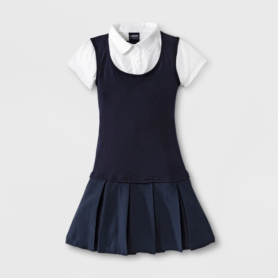 French Toast Girls School Uniform Short Sleeve 2 Fer Pleated Dress   Navy 7