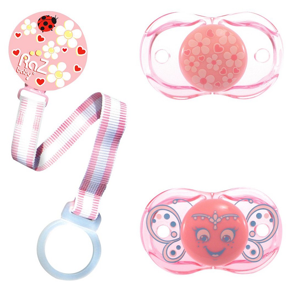 RaZbaby 2 Pacifiers & 1 Holder - Flower & Butterfly -Pink, Pink