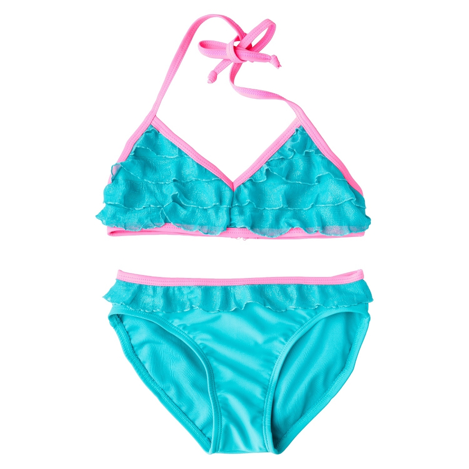Girls 2 Piece Ruffled Halter Bikini Swimsuit Set   Blue S