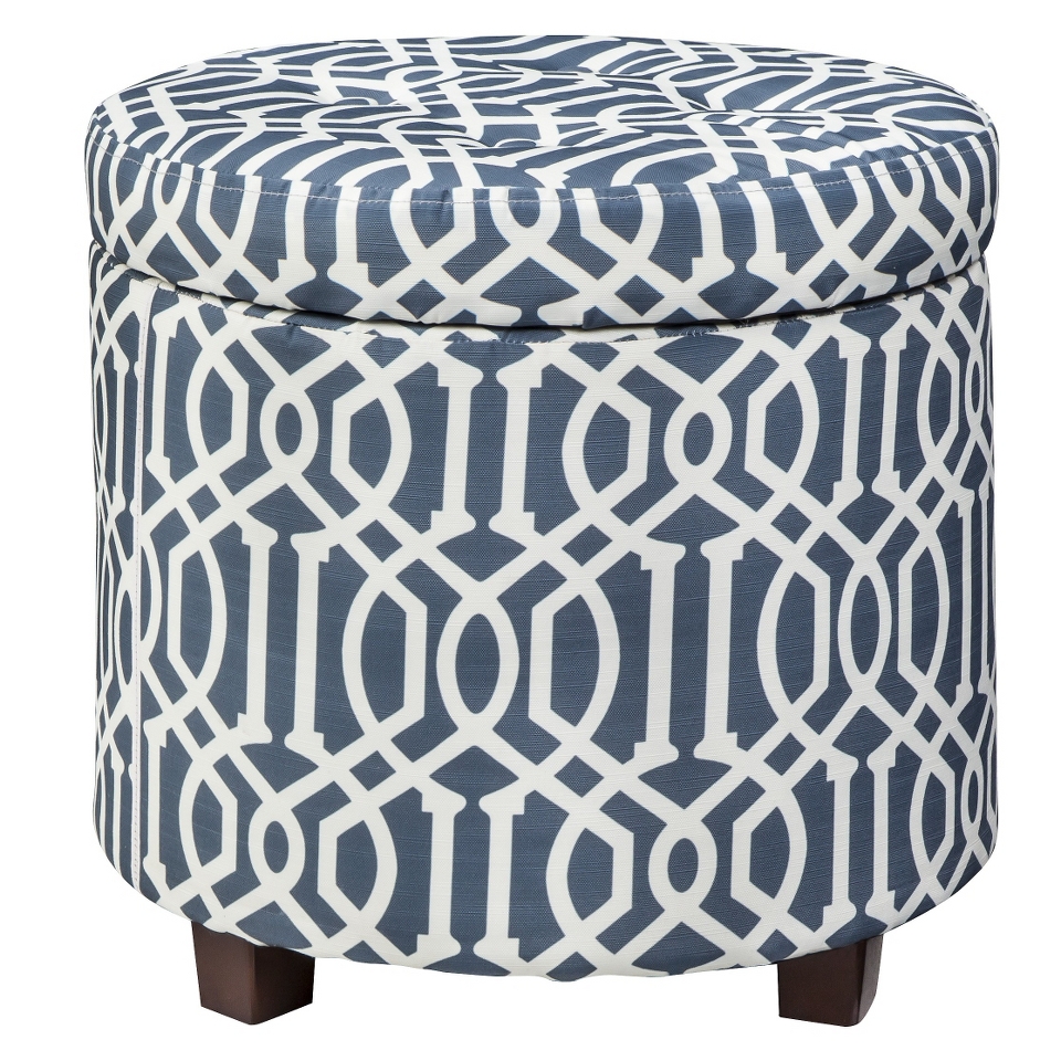 Storage Ottoman Threshold Round Tufted Storage Ottoman   Blue/White Trellis