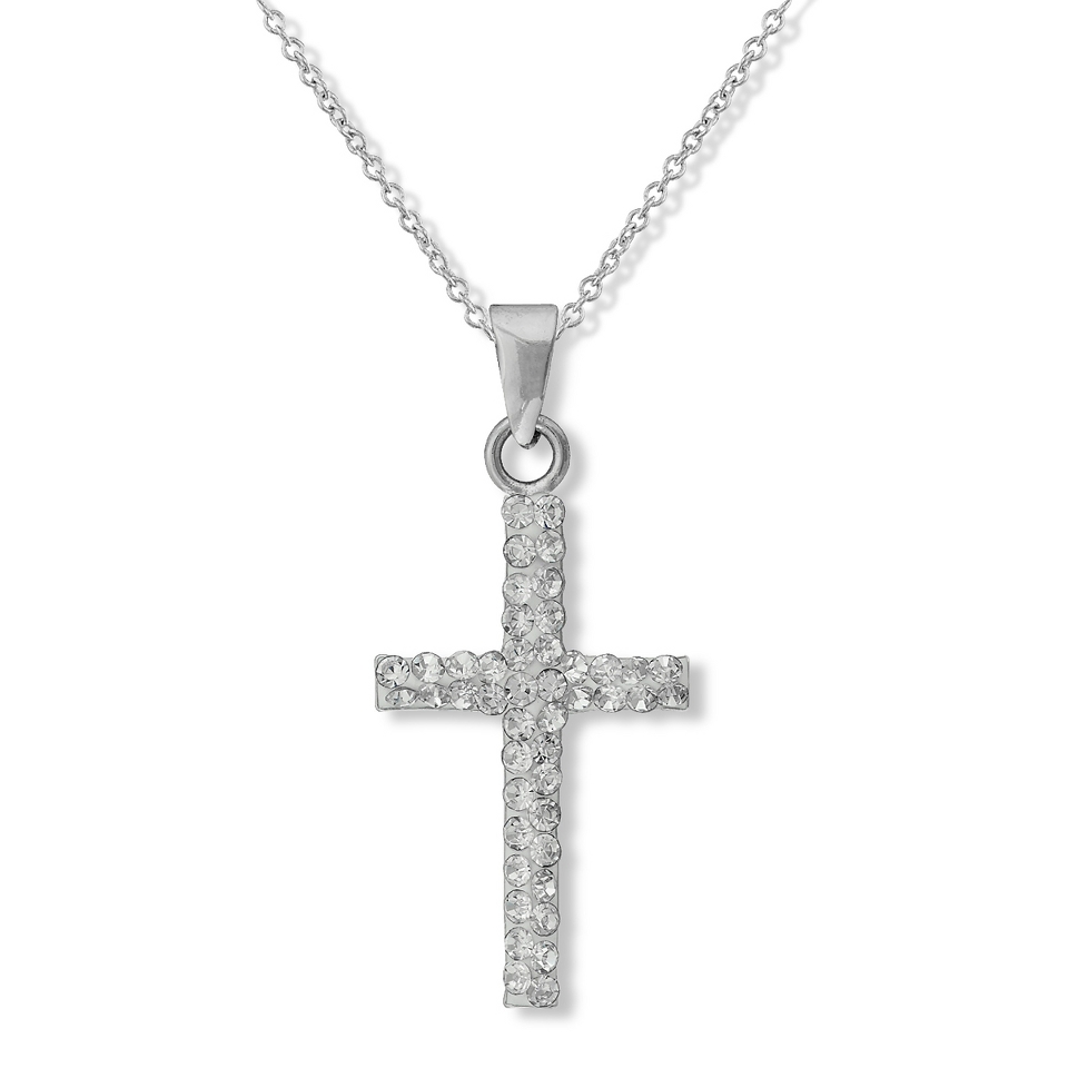 Silver Plate Cross Pendant Necklace with Crystals   Silver