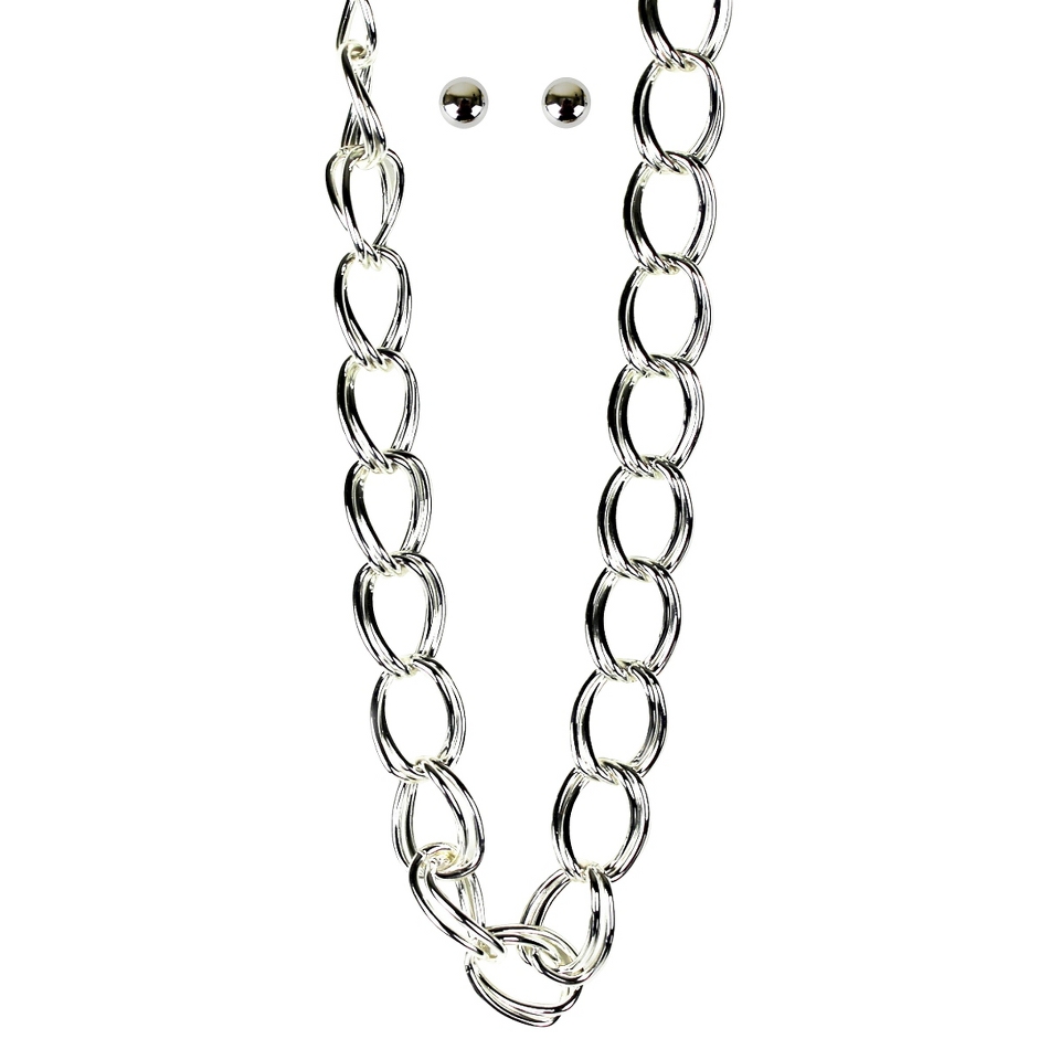 Large Loops Chain Necklace and Stud Earrings Set   Silver
