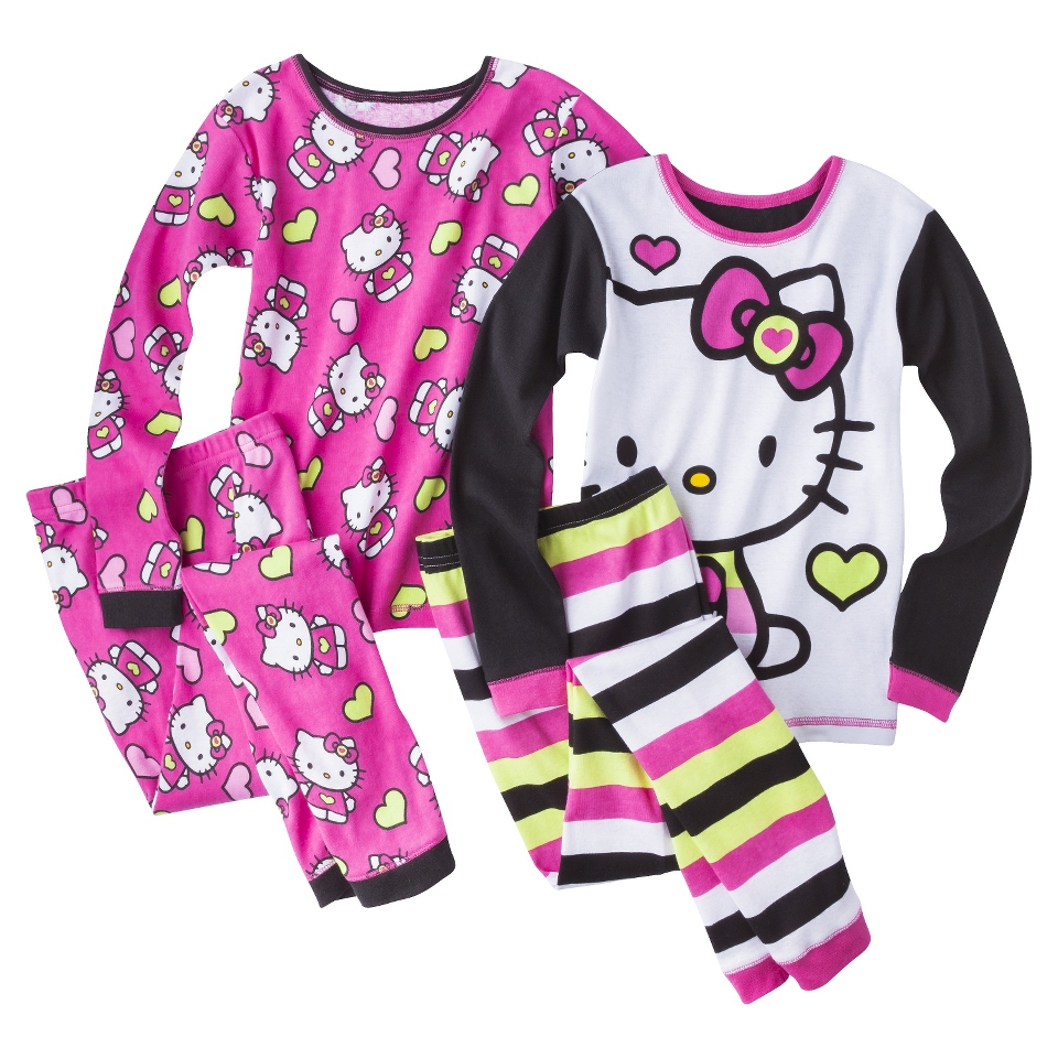 Hello Kitty Girls 4 Piece Tight Fit Pajama Set   Pink 4