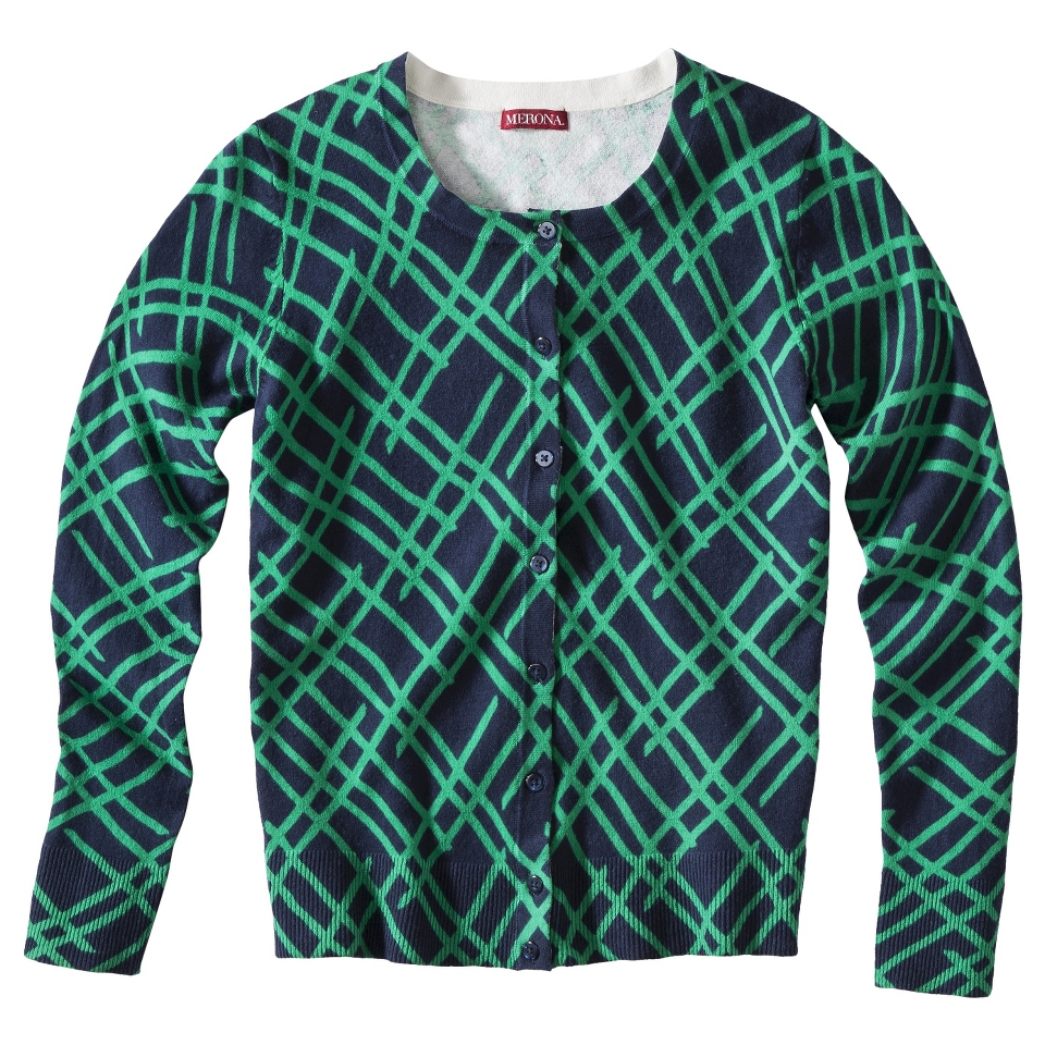 Merona Petites Long Sleeve Crew Neck Cardigan Sweater   Green/Navy SP