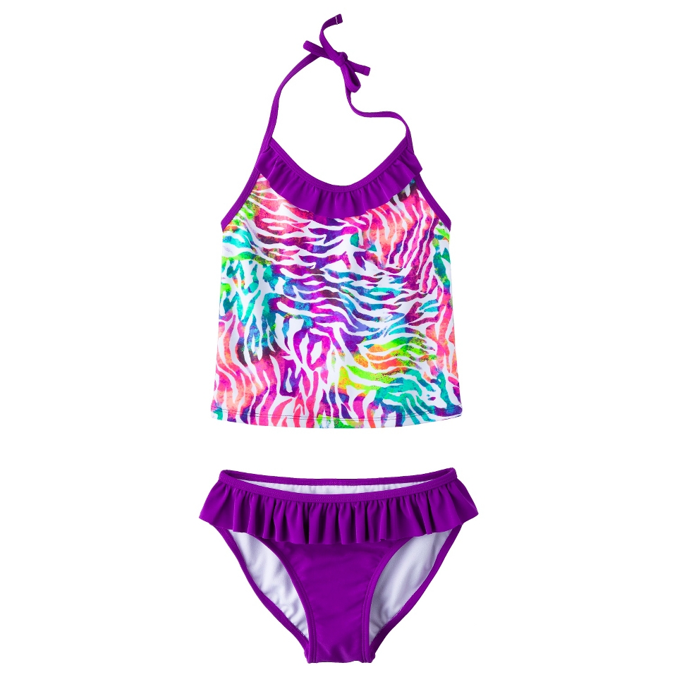 Girls 2 Piece Zebra Print Tankini Swimsuit Set   Plum XL