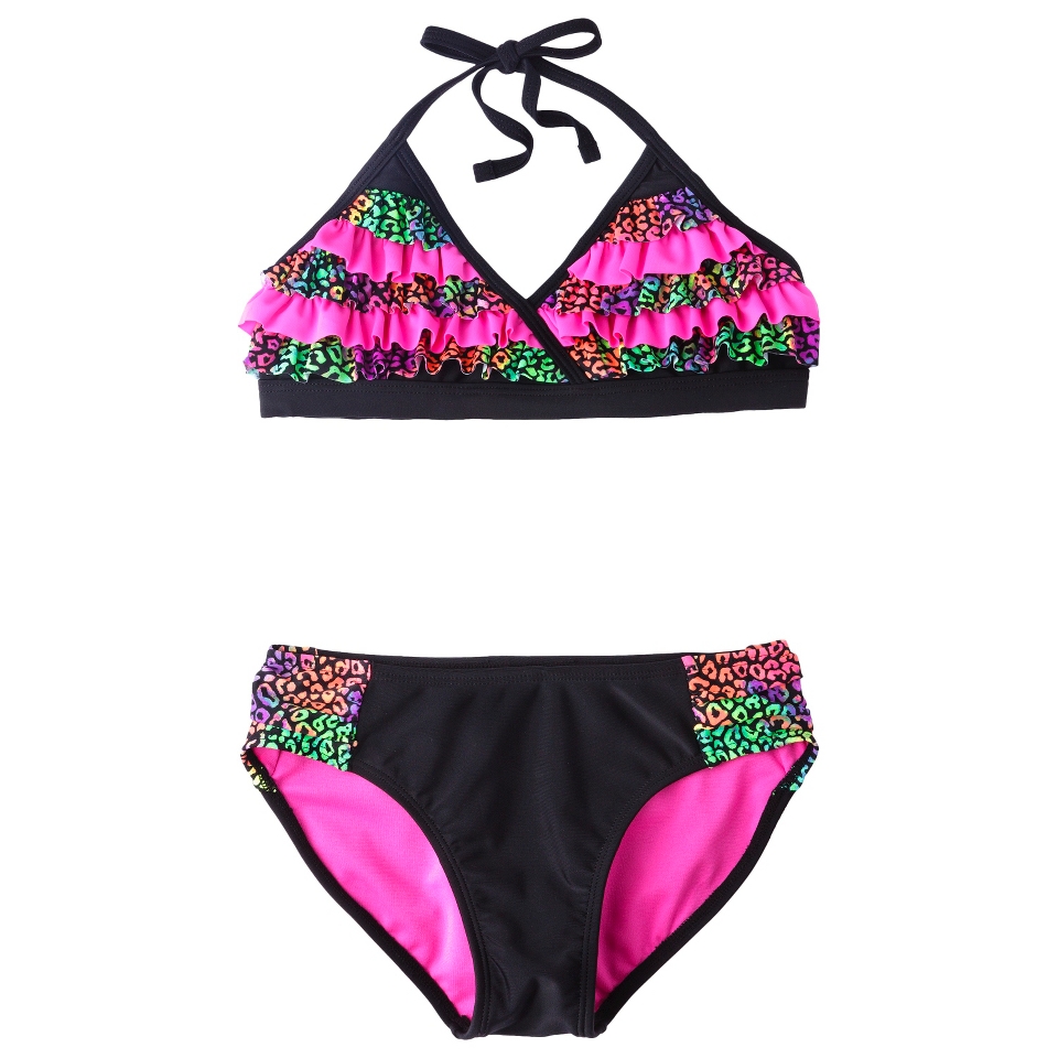 Girls 2 Piece Ruffled Leopard Spot Bikini Swimsuit Set   Black/Pink XL