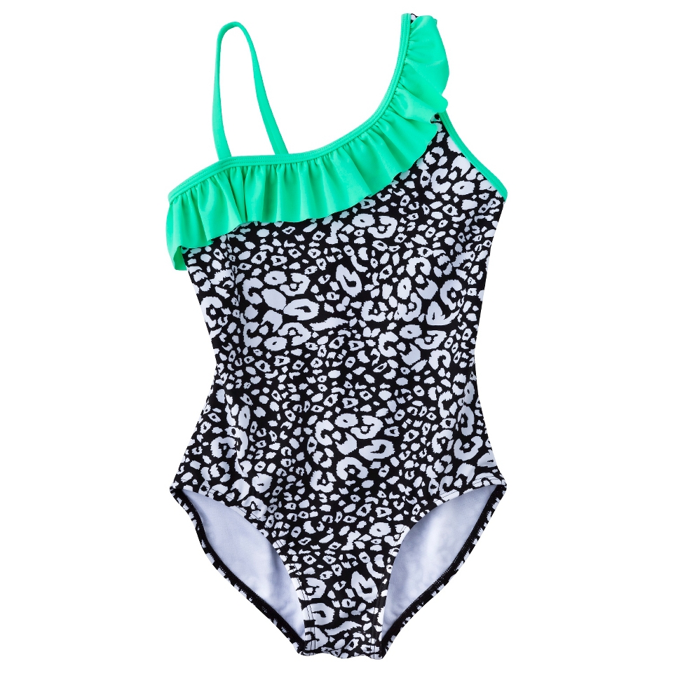 Girls 1 Piece Floral Asymmetrical Swimsuit   Black/White XS