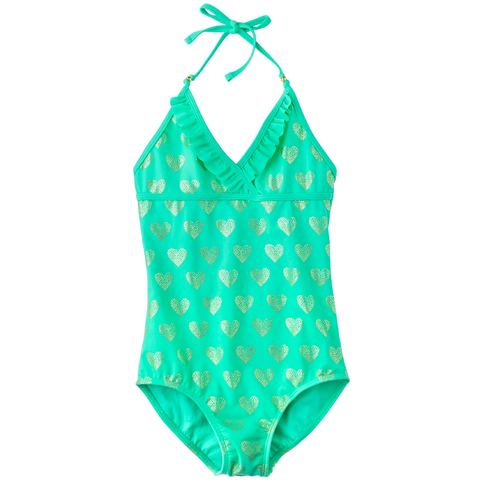 Girls 1 Piece Heart Halter Swimsuit   Mint XL
