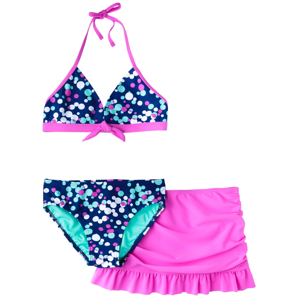 Girls 3 Piece Polka Dot Halter Bikini Swimsuit Set   Pink XL
