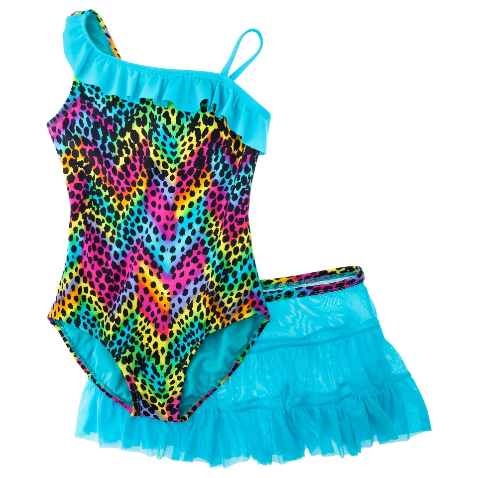 Girls 1 Piece Leopard Spot Swimsuit and Skirt Set   Aqua L