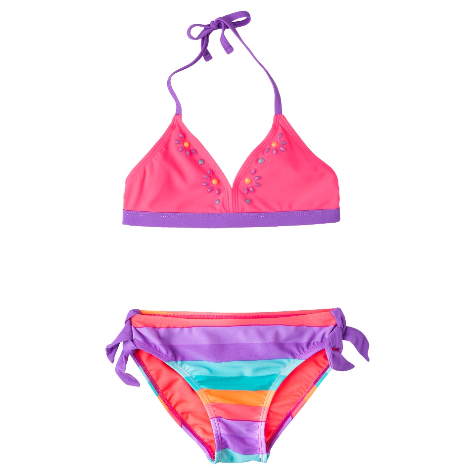 Girls 2 Piece Stirped Halter Bikini Swimsuit Set   Pink XL