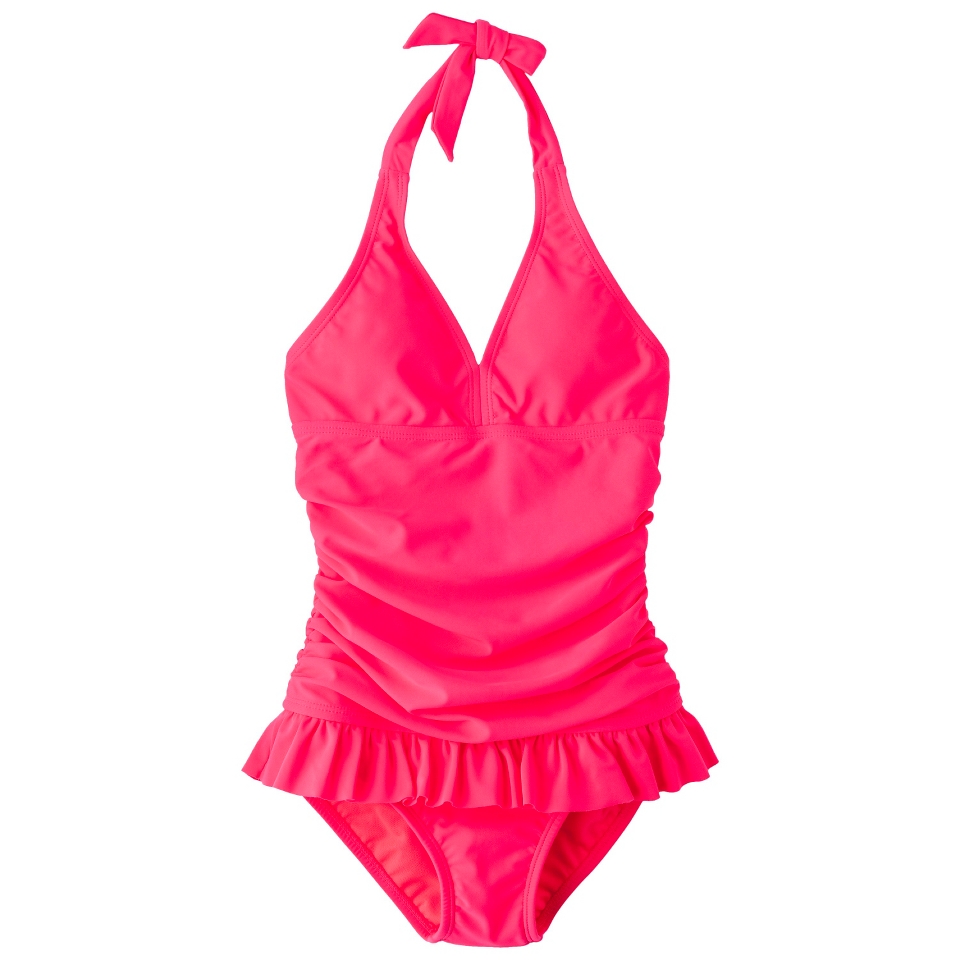 Girls 1 Piece Skirted Swimsuit   Coral L