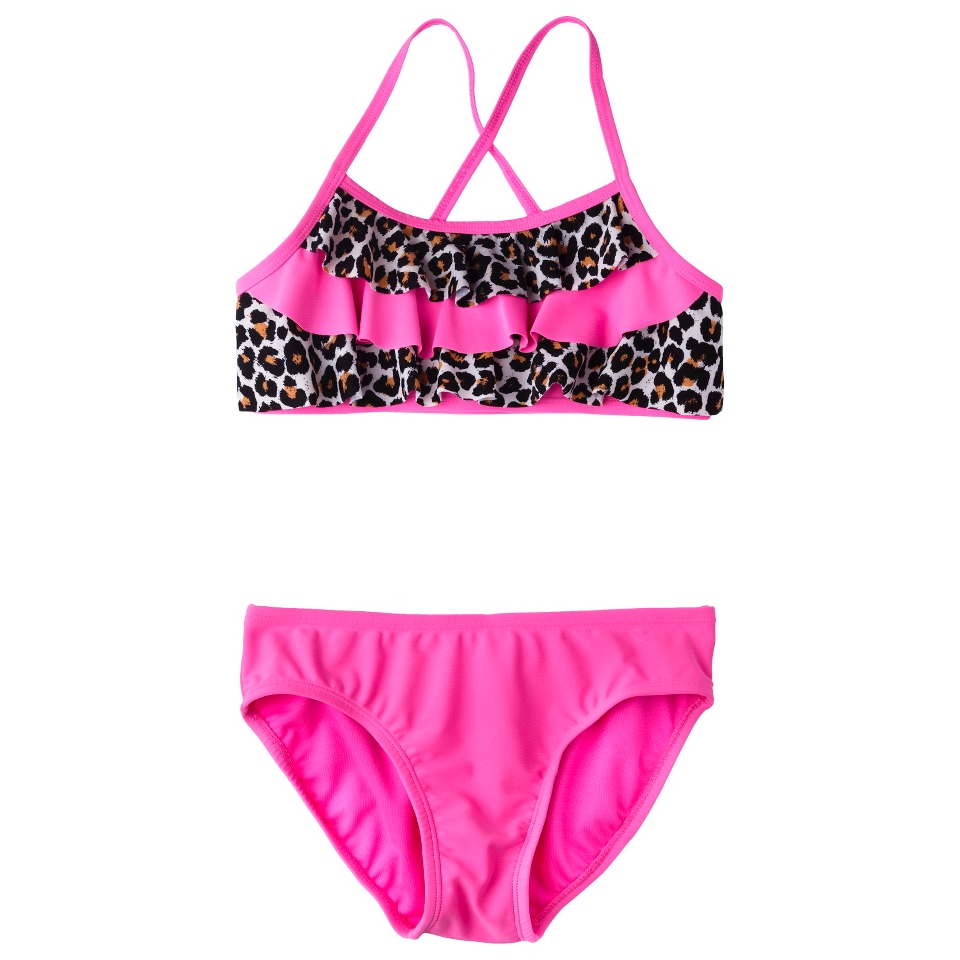 Girls 2 Piece Ruffled Leopard Spot Bandeau Bikini Swimsuit Set   Pink L