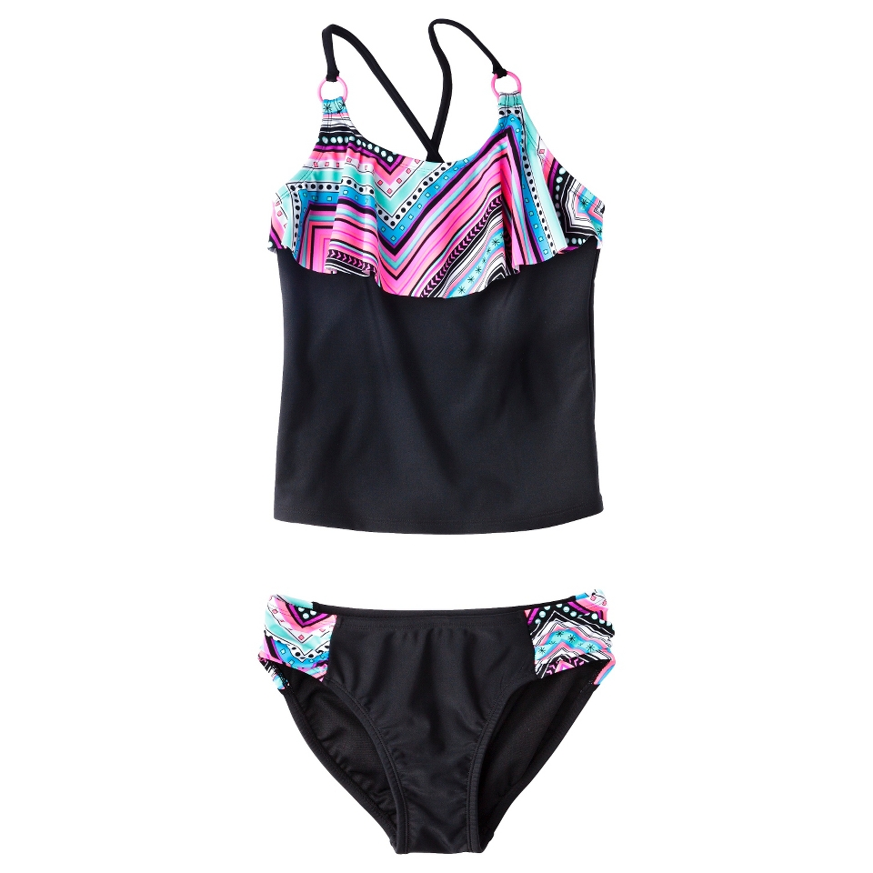 Girls 2 Piece Ruffled Tankini Swimsuit Set   Black M